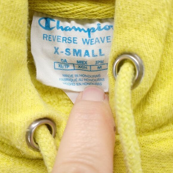 Champion Reverse Weave Mens Hoodie XS Yellow Big Embroidered Logo - Picture 10 of 14